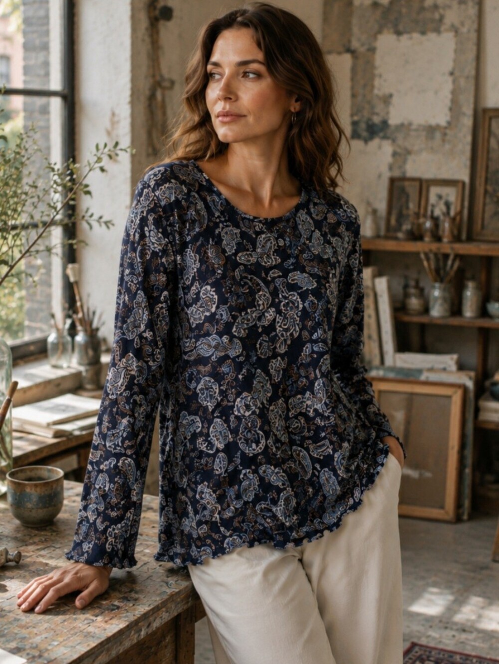 J.Jill Paisley Tunic Top XL Petite Soft Cotton Modal Long Sleeve Boho Earthy